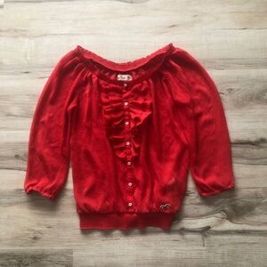 Hollister Sheer Red Blouse with Ruffle Front